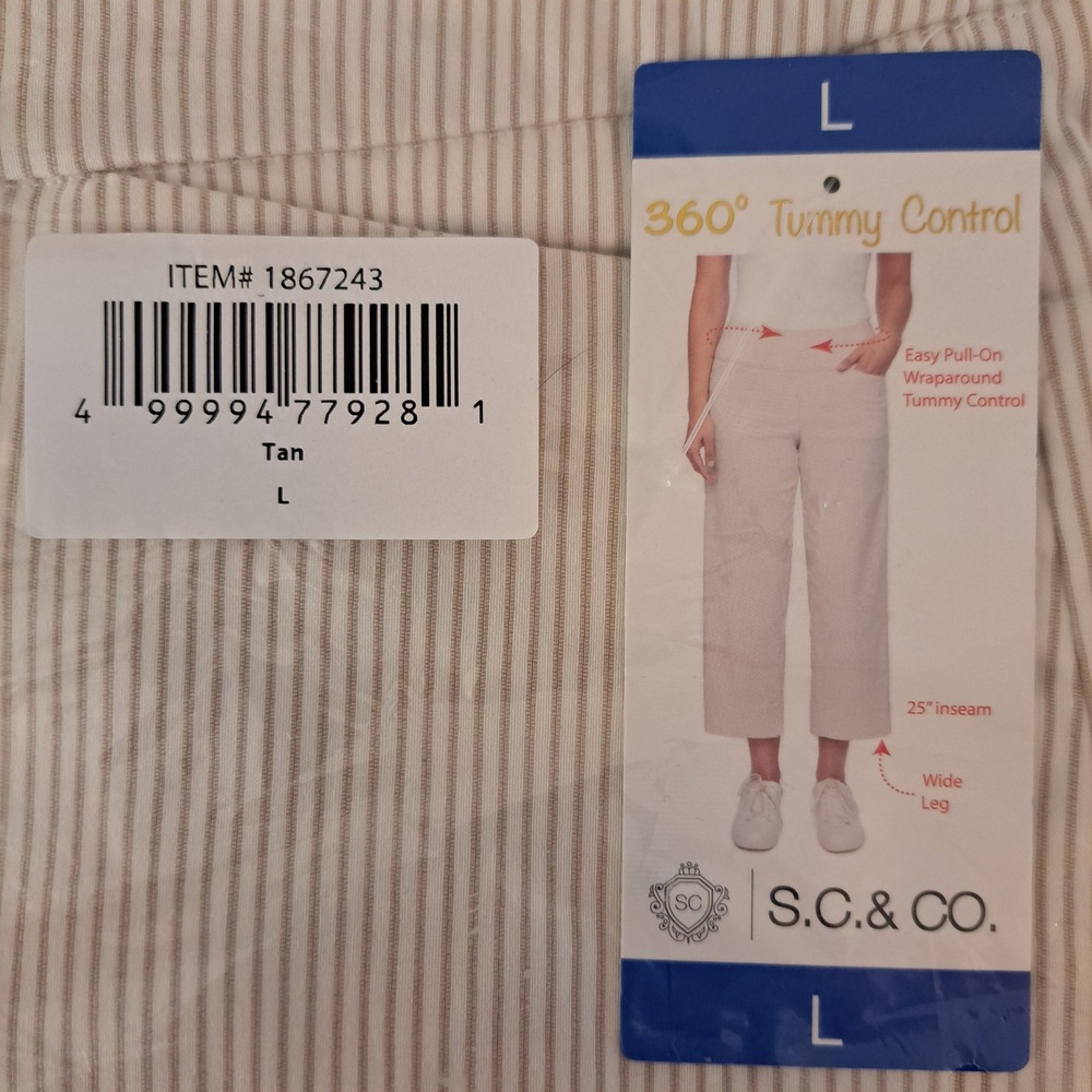 S.C. & CO. Wide Leg Pants Womens L Tan NEW Tummy Control Pinstripe 828-255-CB5